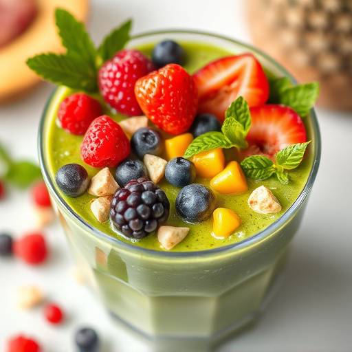 A bowl of vibrant green smoothie with fruit toppings