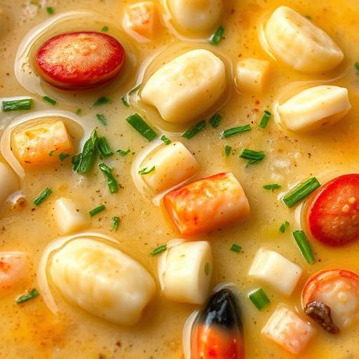 A close-up shot of creamy seafood chowder with herbs