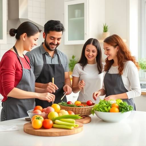 A family of four smiling and preparing a healthy meal together in a brightly lit kitchen