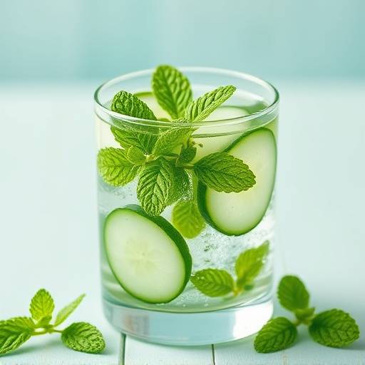 A glass of water with sliced cucumber and mint leaves, placed on a bright desk next to a laptop