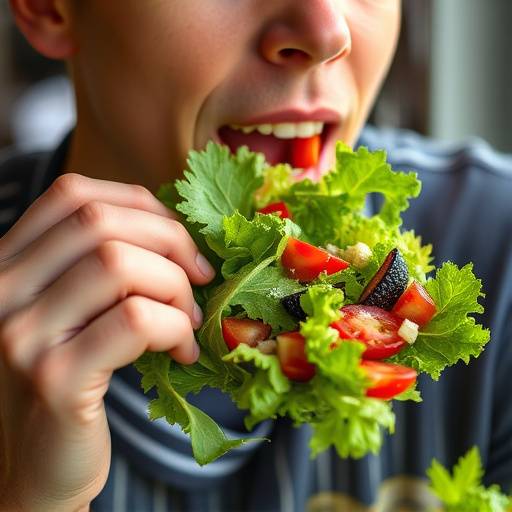 A person slowly savoring a bite of fresh salad with a relaxed expression
