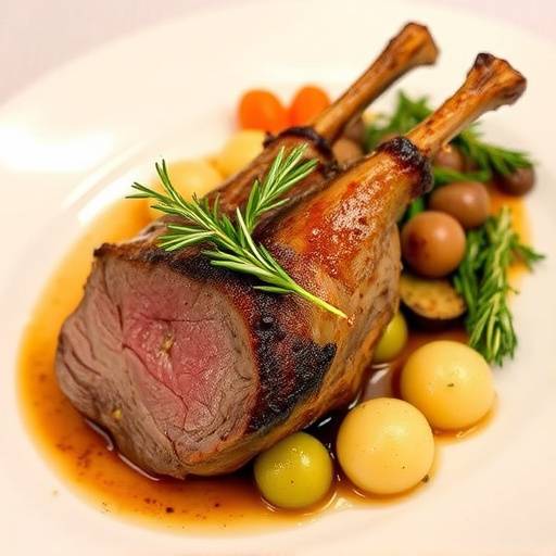 A plate of roasted lamb with rosemary and vegetables