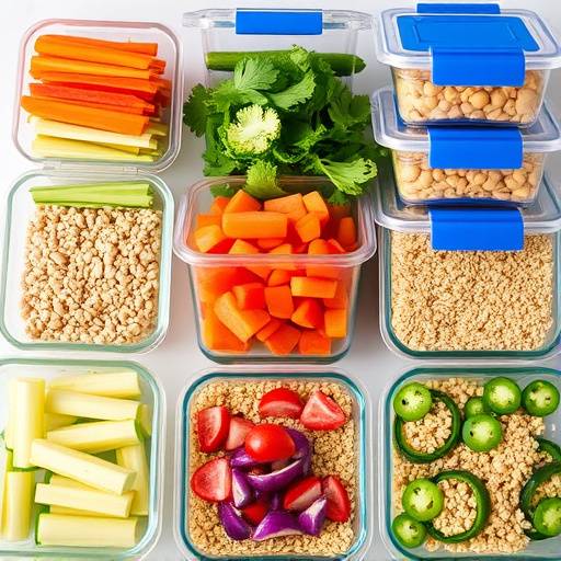 Image of various containers filled with prepped vegetables and grains for meal prepping